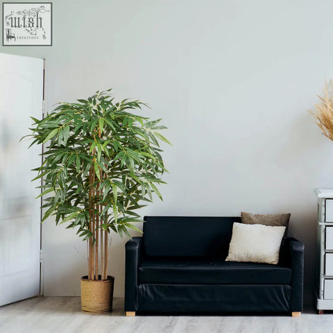 Tall artificial bamboo plant with lush green leaves in a woven wicker pot perfect for living room fake trees decor