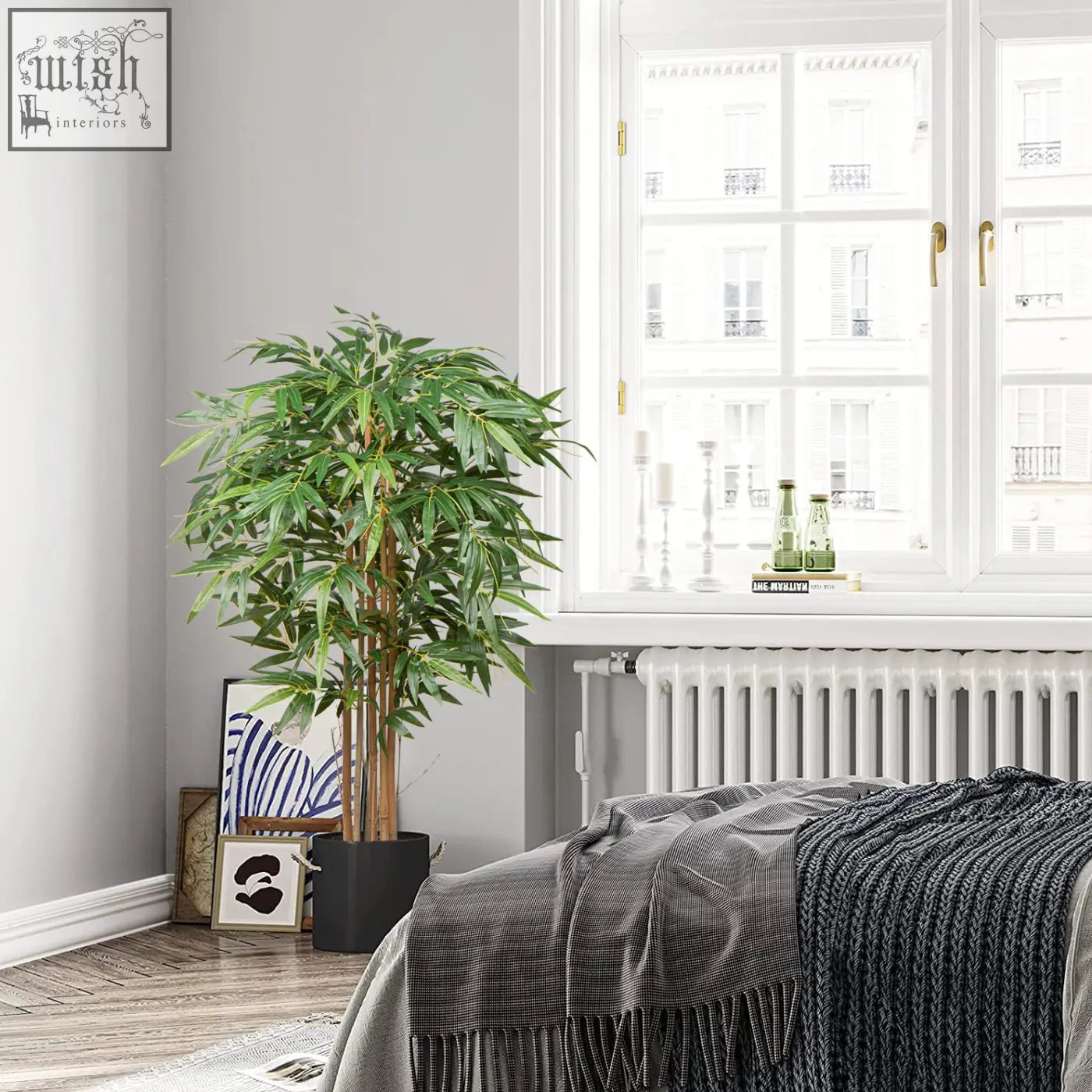 Tall hollyone 5ft artificial bamboo plant with lush green leaves and brown trunks in a sleek black pot for living room fake trees