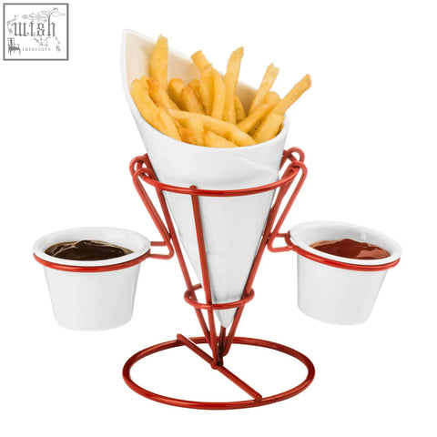 White ceramic hollywood french fry cone with golden fries and two white dip dishes on a red metal stand