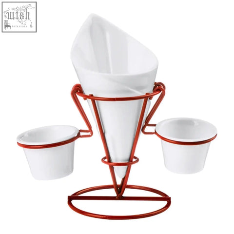 White ceramic hollywood french fry cone with 2 dip dishes and red metal stand for serving snacks