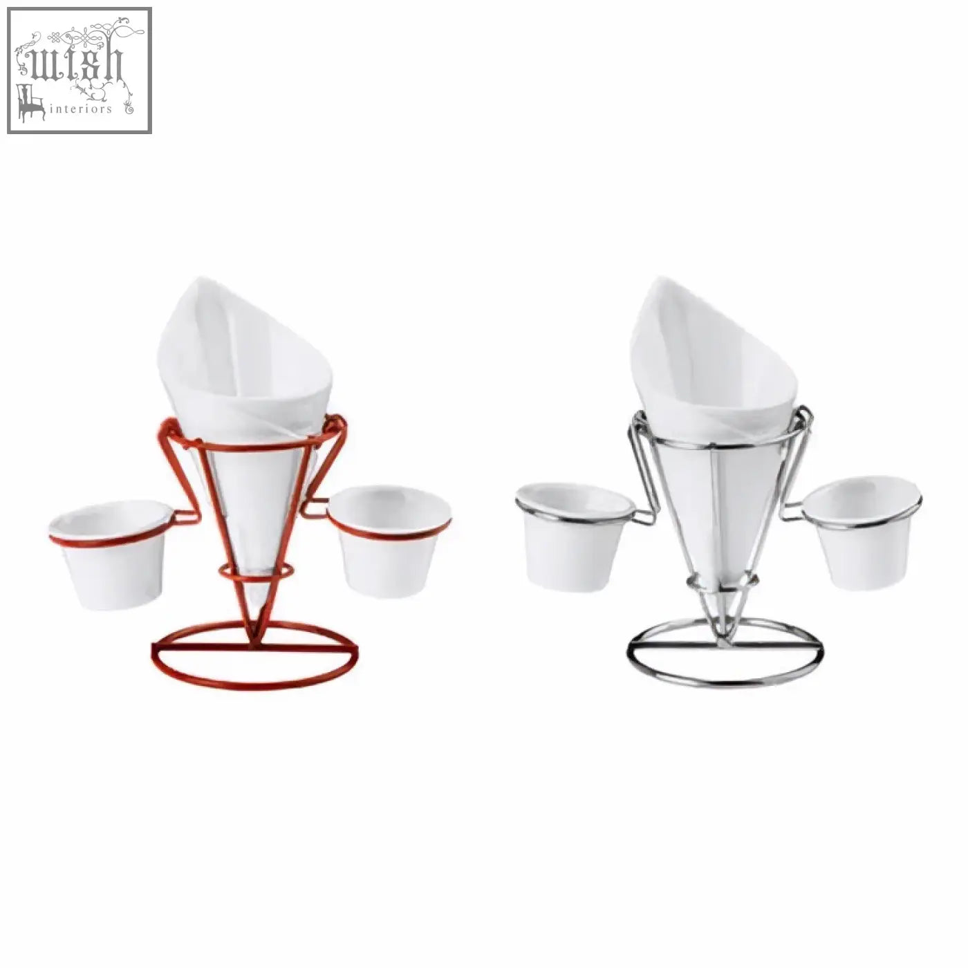 White ceramic hollywood french fry cone with metal stand and four dip dishes in copper and chrome finishes