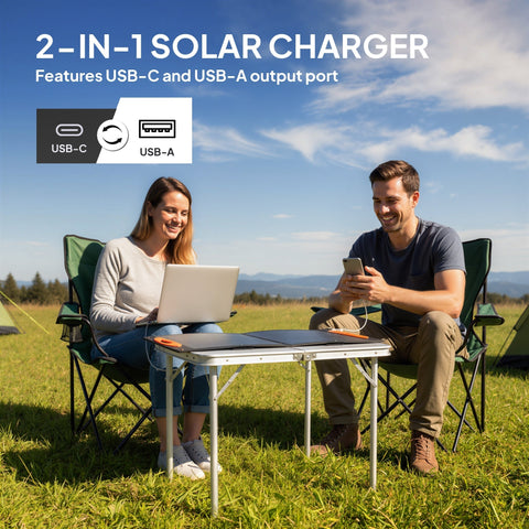 Black and silver portable solar panel with usb-c and usb-a fast charging perfect for camping and hiking