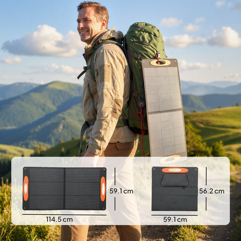 Black foldable portable solar panel with orange handles compact design for camping hiking and outdoor use