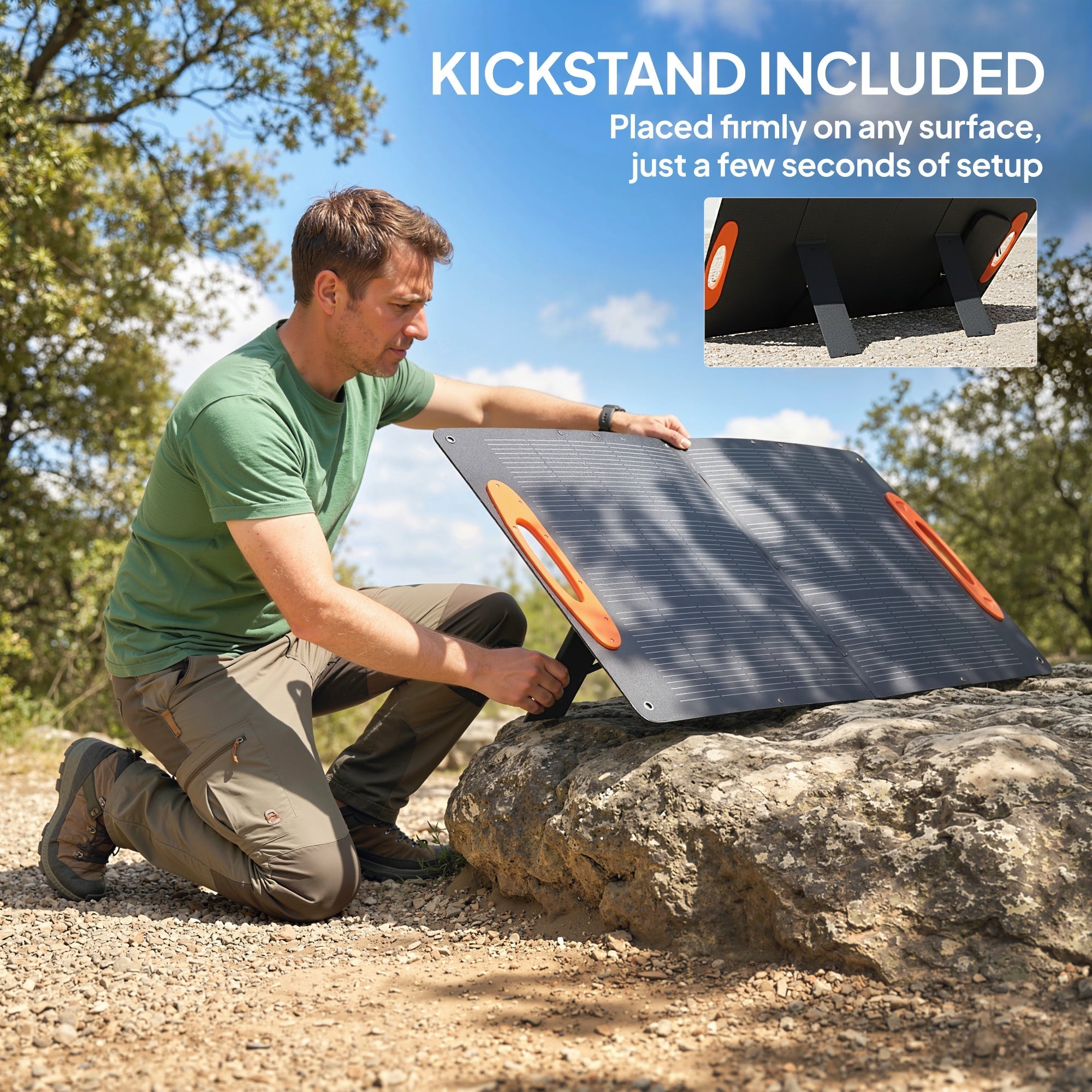 Black and orange foldable portable solar panel with kickstand for fast usb charging camping hiking use