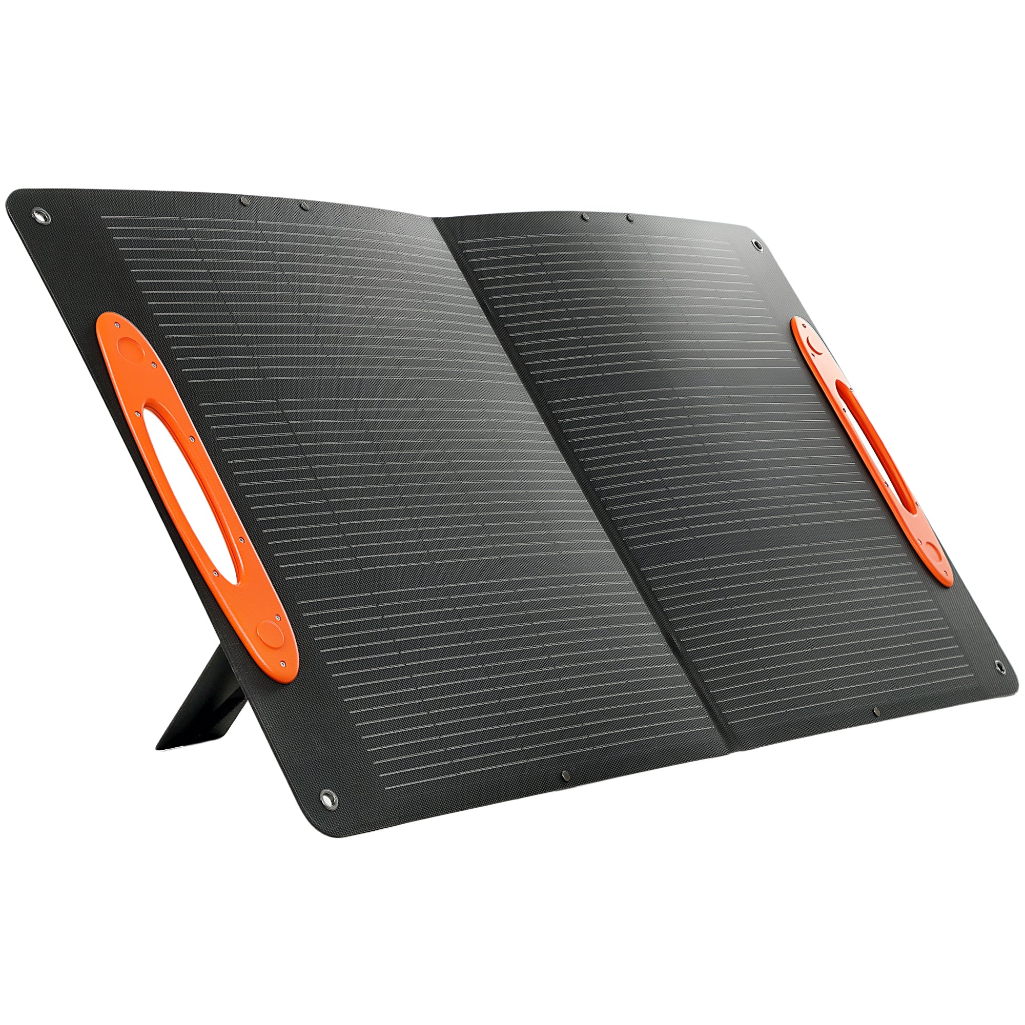 Black foldable solar panel with bright orange handles and textured surface for portable solar charging on the go