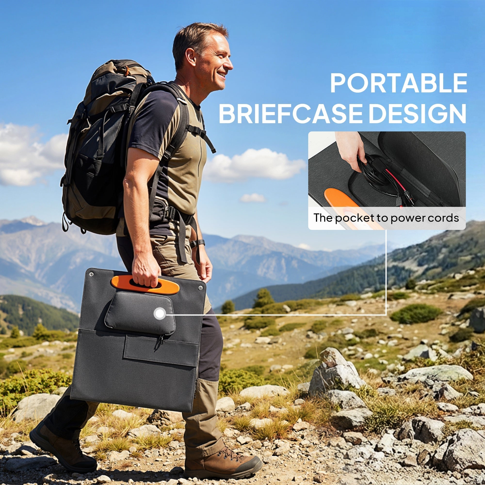 Black portable solar panel briefcase with orange handle and front pocket for cords in homcom 100w foldable solar charger