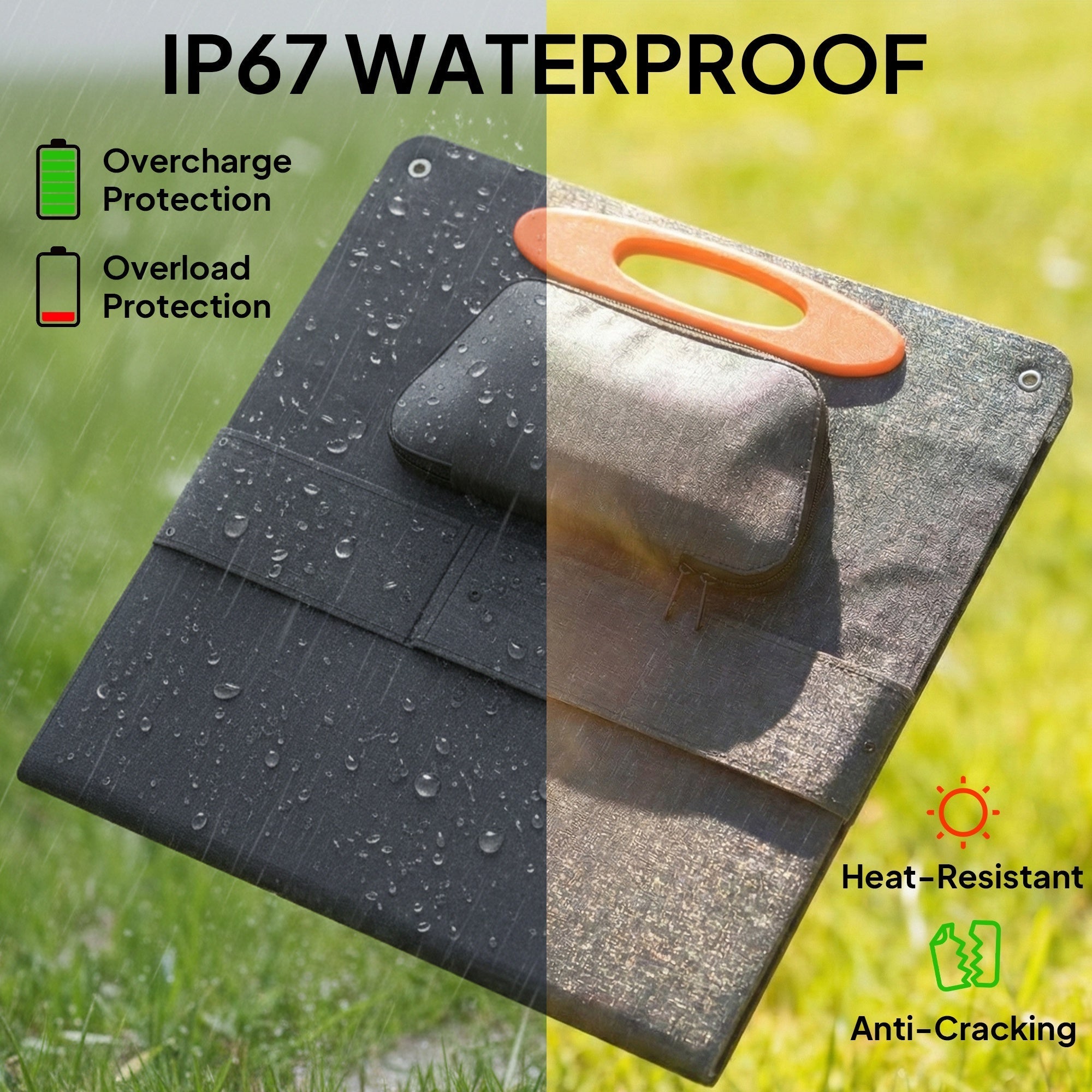 Black foldable portable solar panel with orange handle and textured surface for outdoor use by HOMCOM
