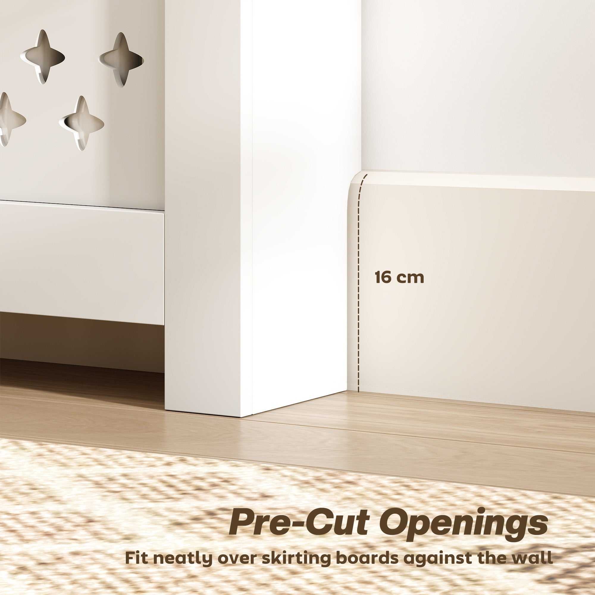 White particle board radiator cover with pre-cut 16 cm baseboard openings for neat skirting board fit by homcom