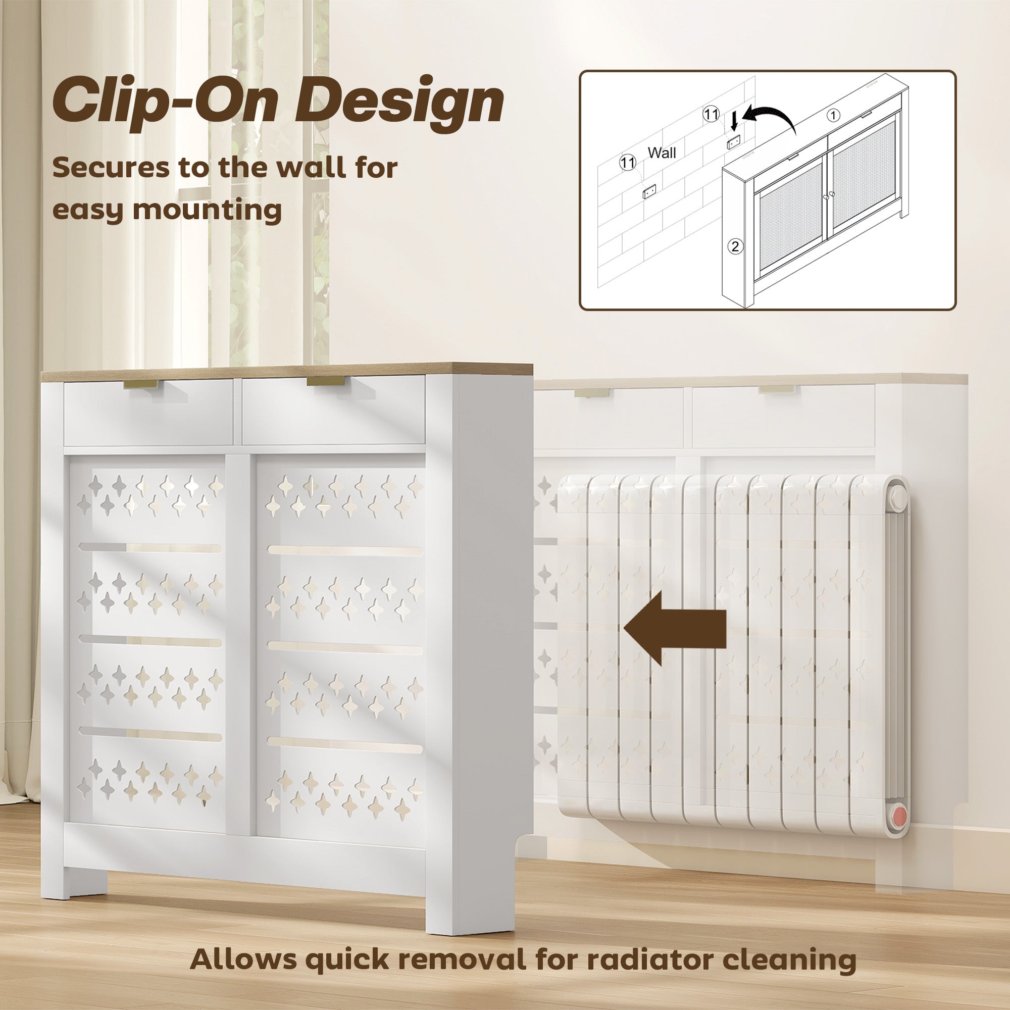 White particle board radiator cover with diamond-patterned panels and light wood top featuring 2 drawers