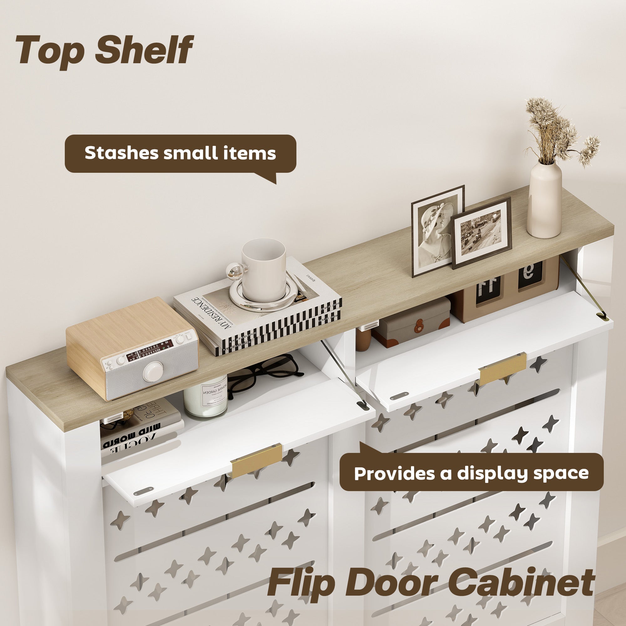 White radiator cover with particle board body, light wood top shelf, and gold-tone handles with 2 drawers
