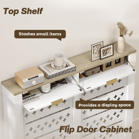 White radiator cover with particle board body, light wood top shelf, and gold-tone handles with 2 drawers