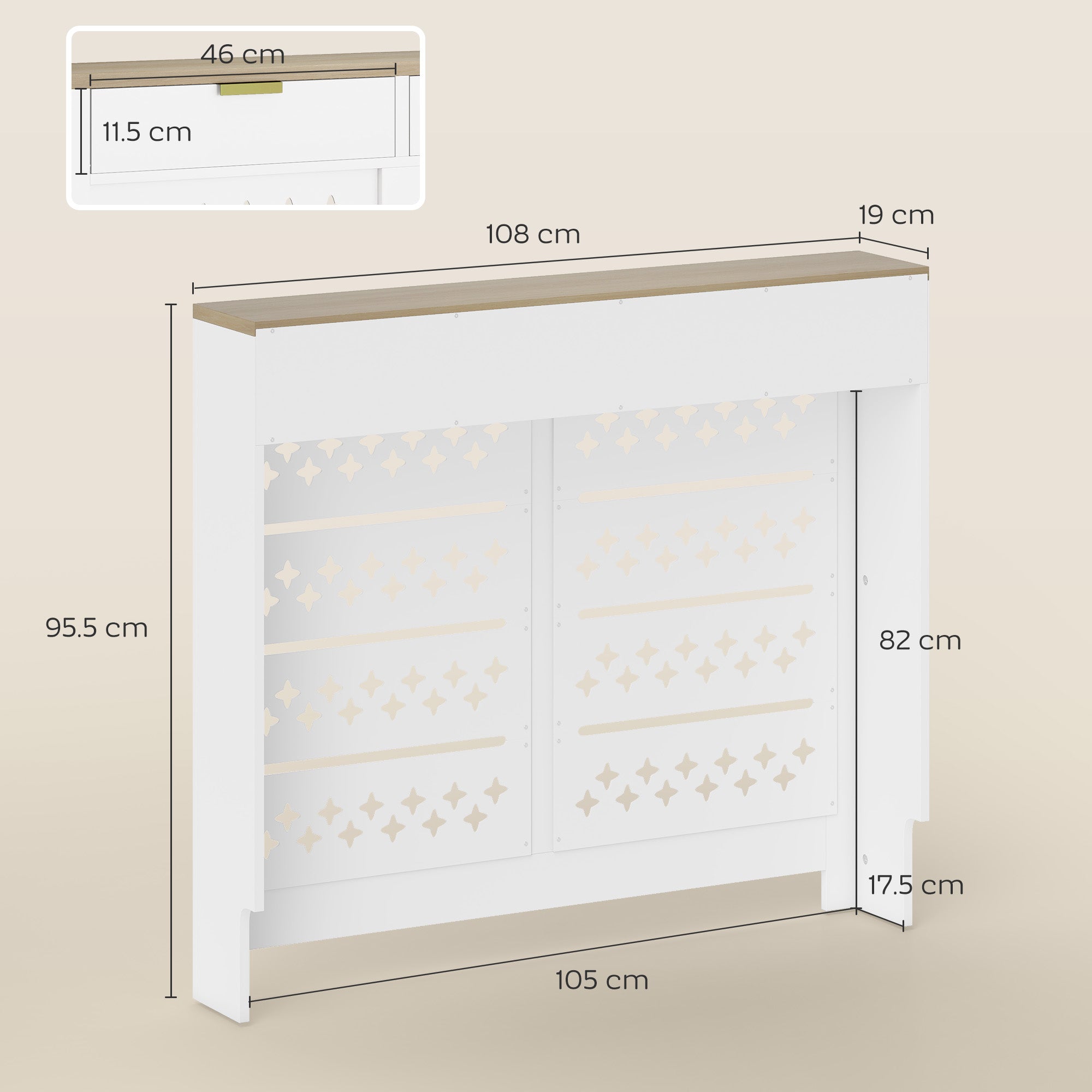 White particle board shoe rack with light wood tones and decorative cross cut-outs diamond-pattern panels