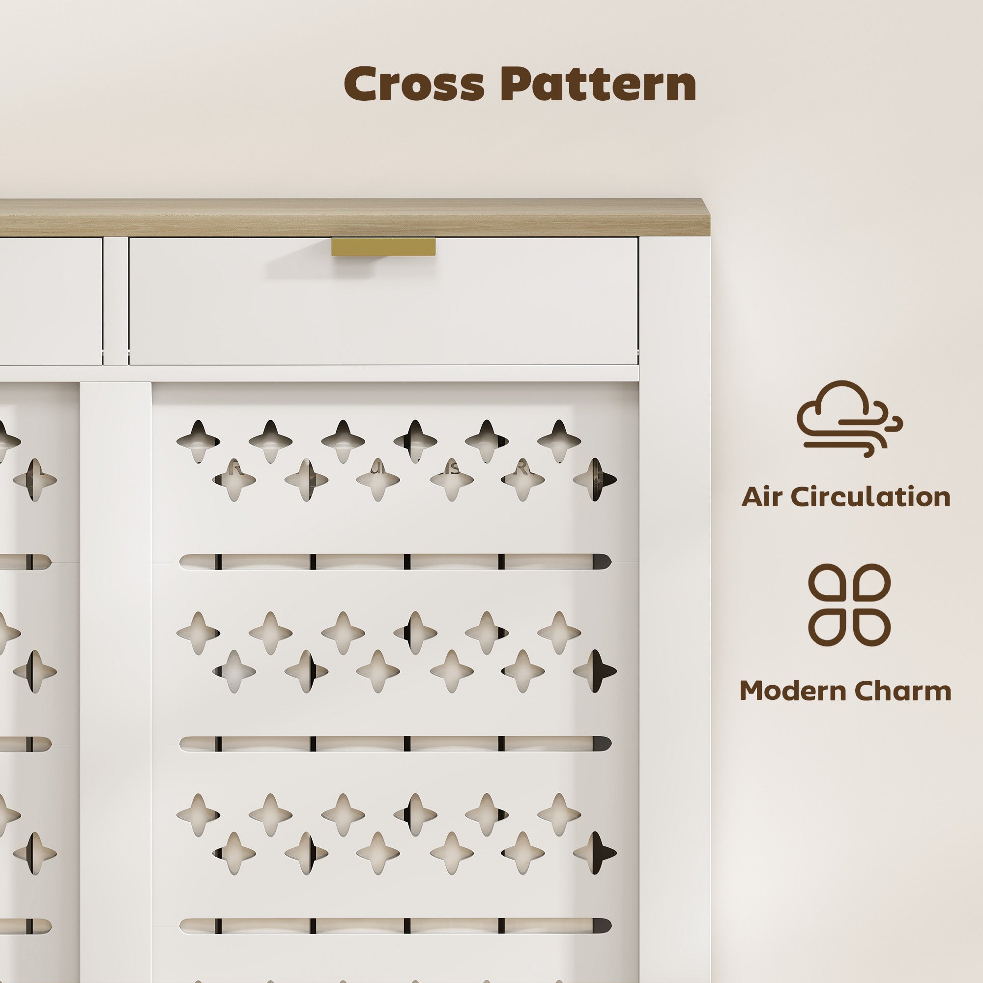 White radiator cover with cross pattern shoe rack design and gold drawer handles made of particle board body
