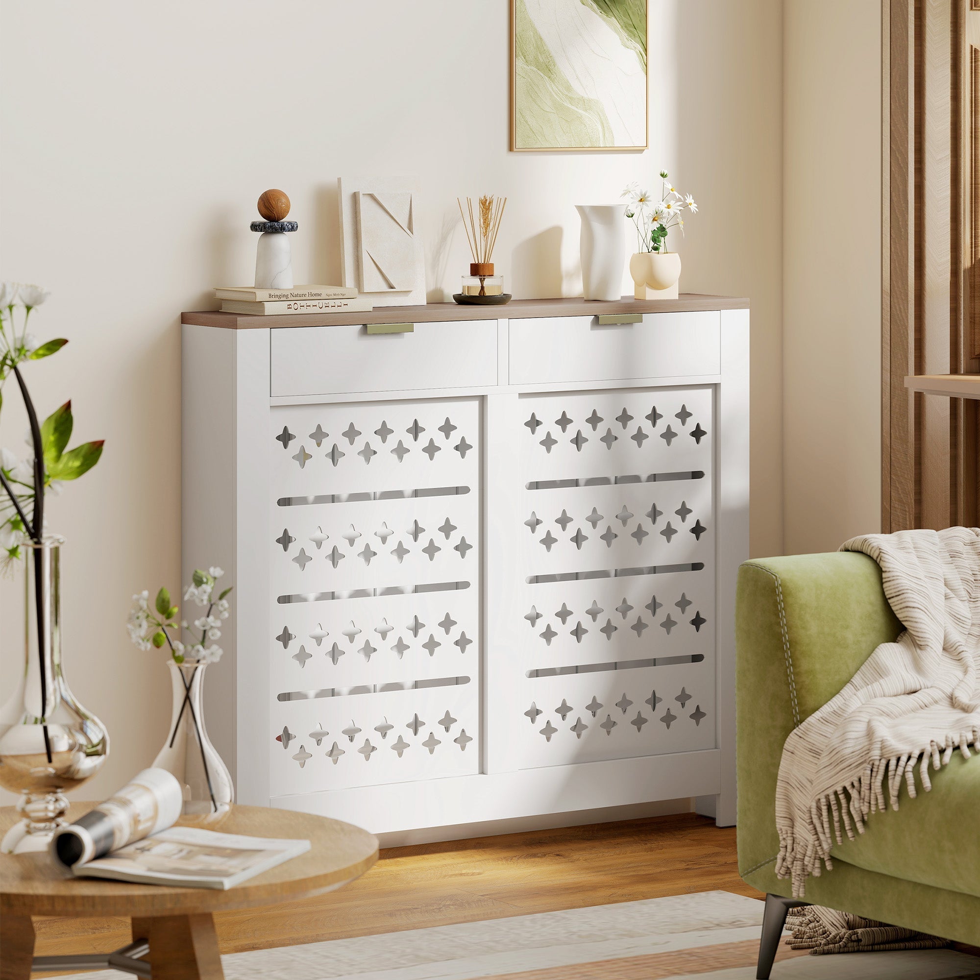 White shoe cabinet with particle board body, wooden top, and diamond-shaped cross cut-outs for radiator cover use