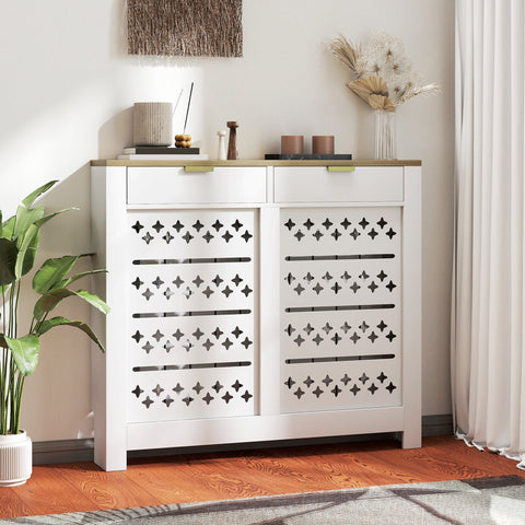 White particle board shoe cabinet with black cross cut-outs and horizontal slats featuring a light wood top