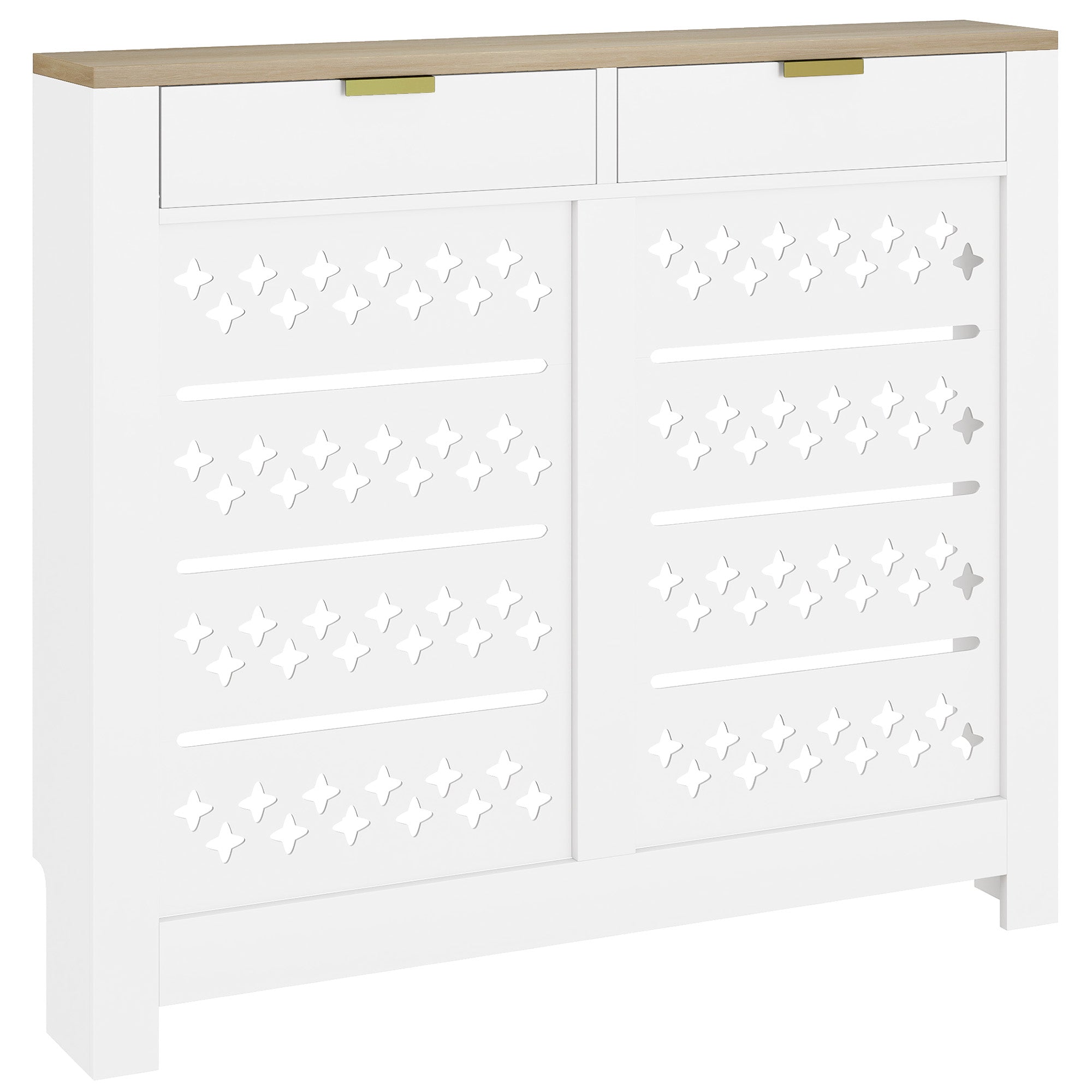 White radiator cover with particle board body, light wood top, gold drawer pulls, and butterfly cutouts on doors