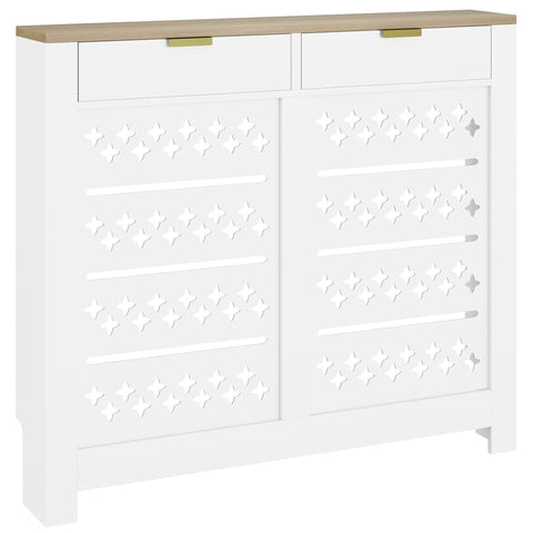 White radiator cover with particle board body, light wood top, gold drawer pulls, and butterfly cutouts on doors