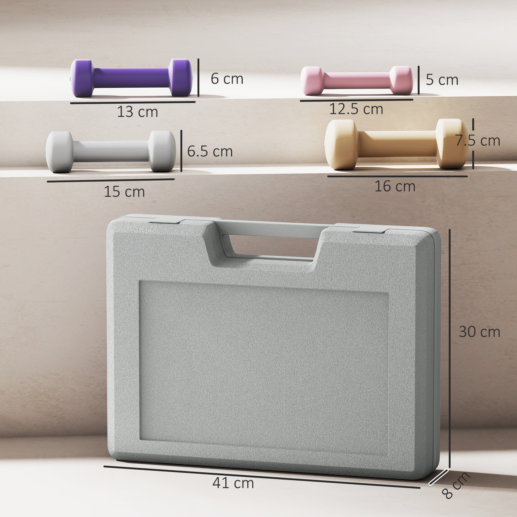 Gray textured plastic storage case with handle holding four bright coloured foam dumbbells with easy-read weight numbers
