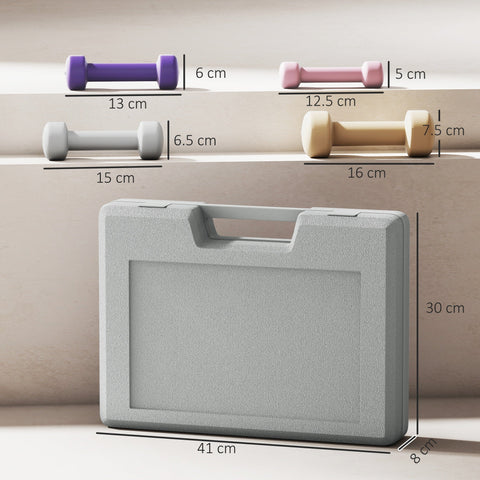 Gray textured plastic storage case with handle holding four bright coloured foam dumbbells with easy-read weight numbers