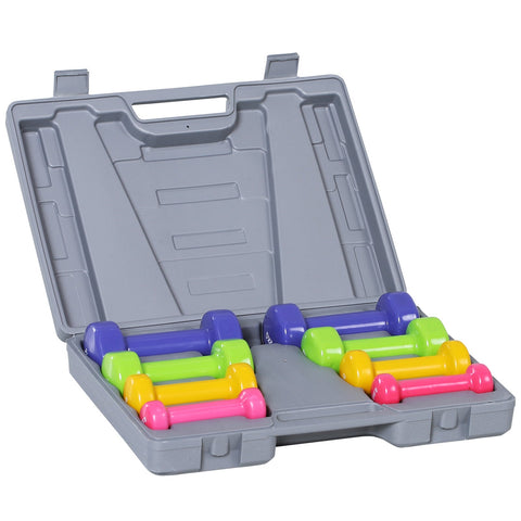 Homcom 10kg dumbbells set with bright colours and easy-read weight numbers in a gray hard-shell carry case for home gym