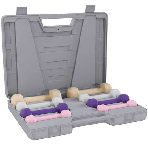 Gray plastic case with homcom 10kg foam dumbbells in bright colours and easy-read weight numbers for home gym use