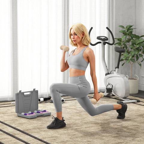 Gray athletic leggings with seamless fit and subtle side pockets paired with homcom dumbbells set in bright colours and easy-read weight numbers
