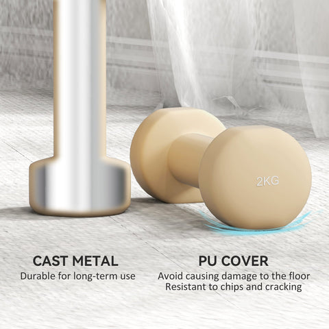 Beige 2kg dumbbell with pu cover and cast metal core from homcom 10kg set featuring easy-read weight numbers and bright colours