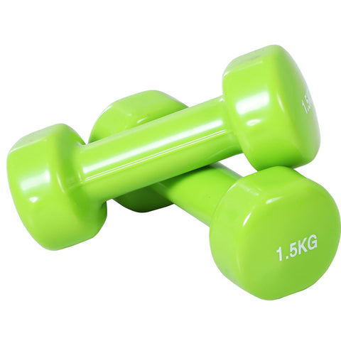 Lime green 1.5kg homcom dumbbells with easy-read weight numbers bright colours and hexagonal ends for home gym use