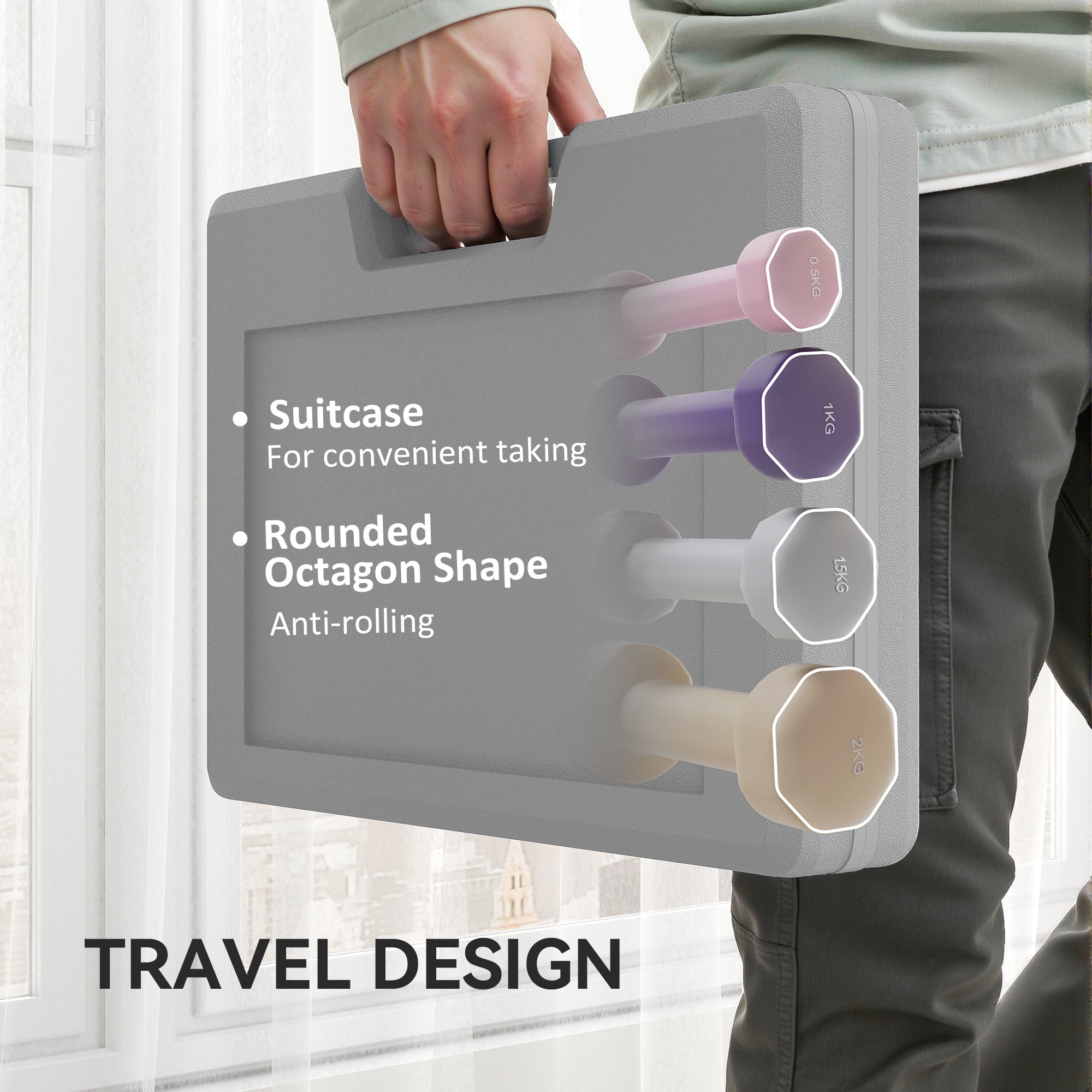 Gray plastic suitcase with rounded octagon shape for easy anti-rolling travel in the homcom dumbbells set carry case