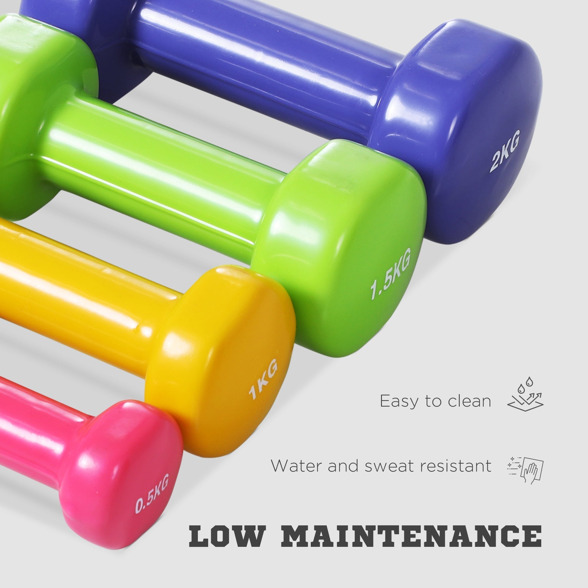 Set of colorful plastic homcom dumbbells with glossy finish and easy-read weight numbers for home gym use