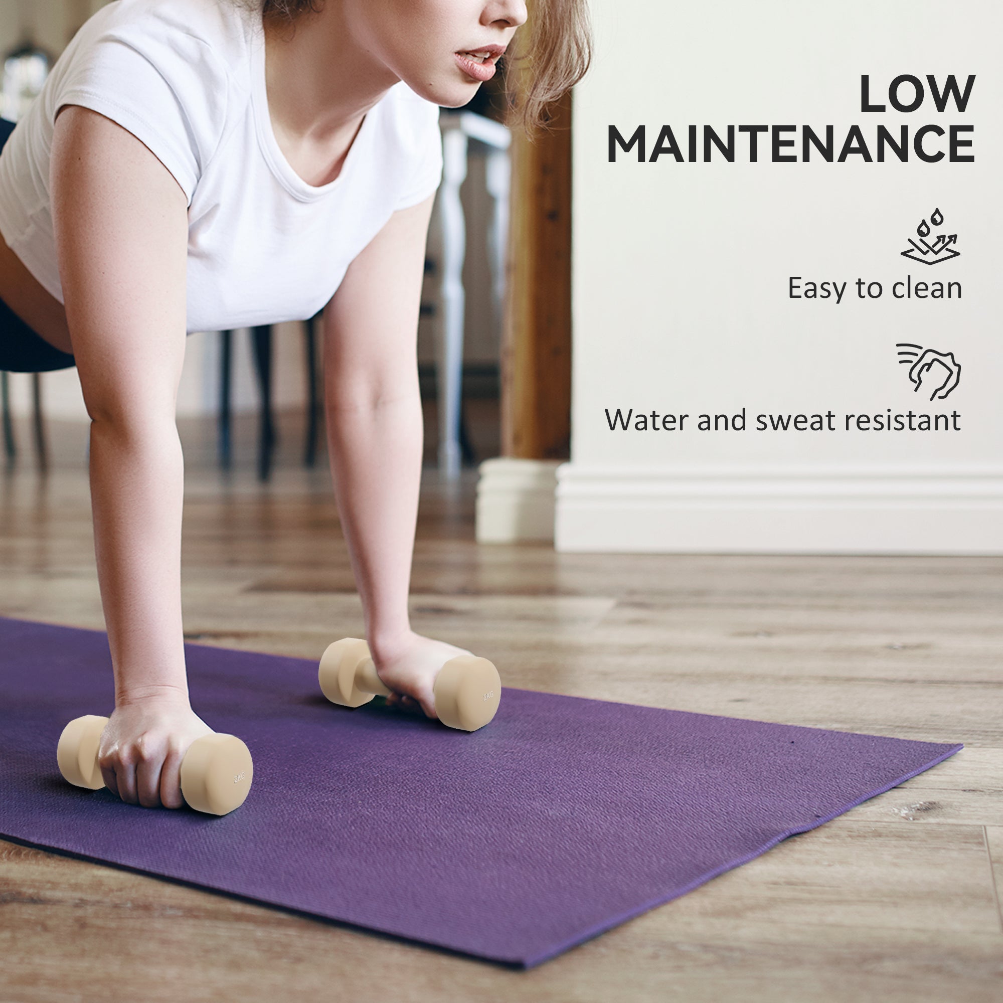 Beige foam dumbbells with smooth rounded design and easy-read weight numbers for low-maintenance workouts