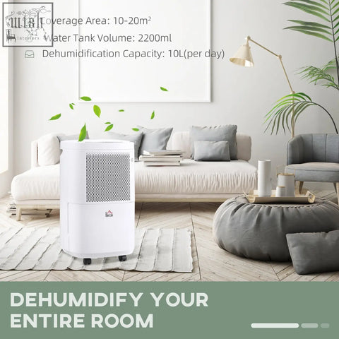 White homcom 10l day dehumidifier with perforated front panel and water tank on black wheels for home use