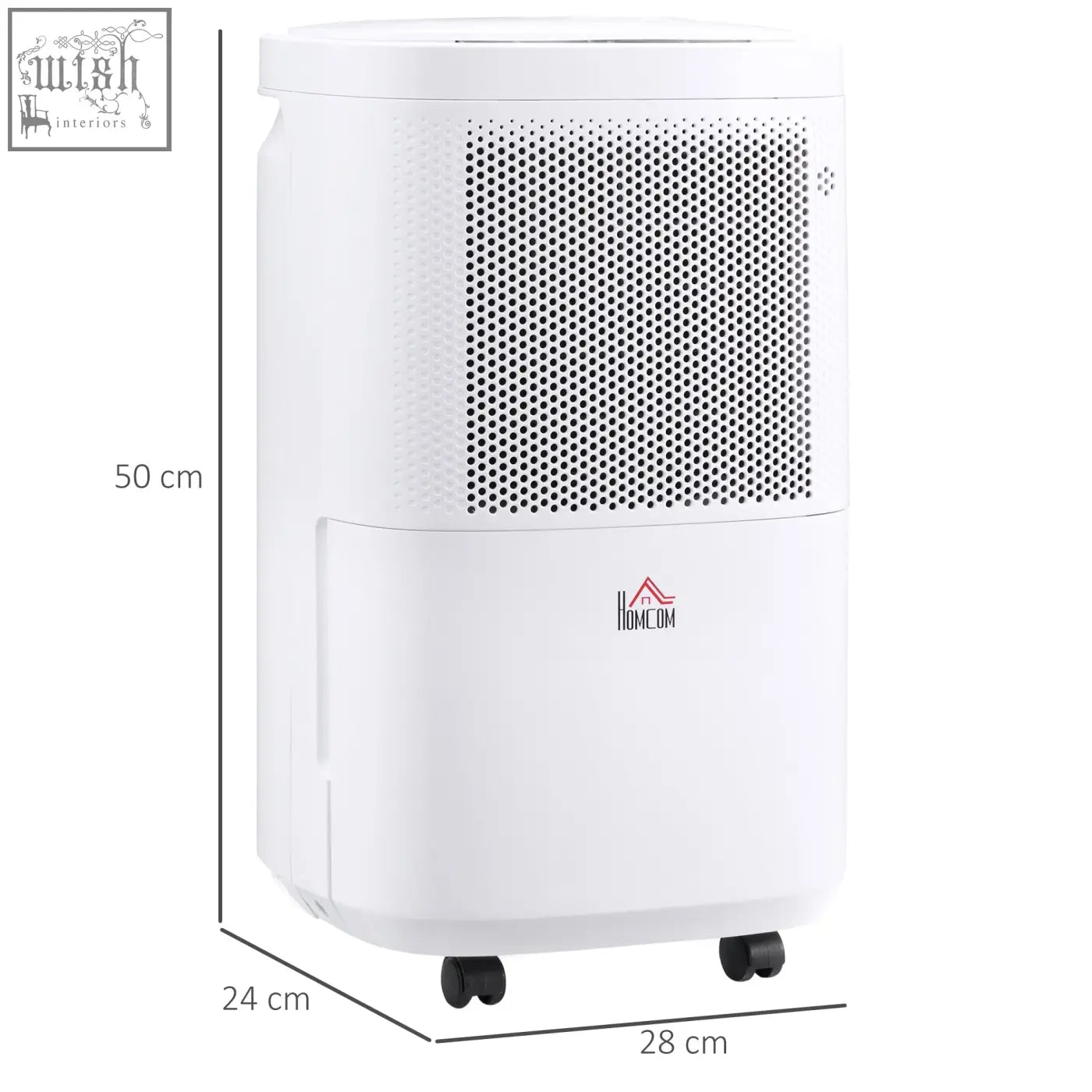 White plastic homcom 10l day dehumidifier with perforated front panel water tank and black caster wheels for home use
