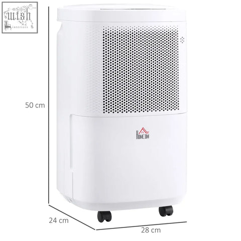 White plastic homcom 10l day dehumidifier with perforated front panel water tank and black caster wheels for home use