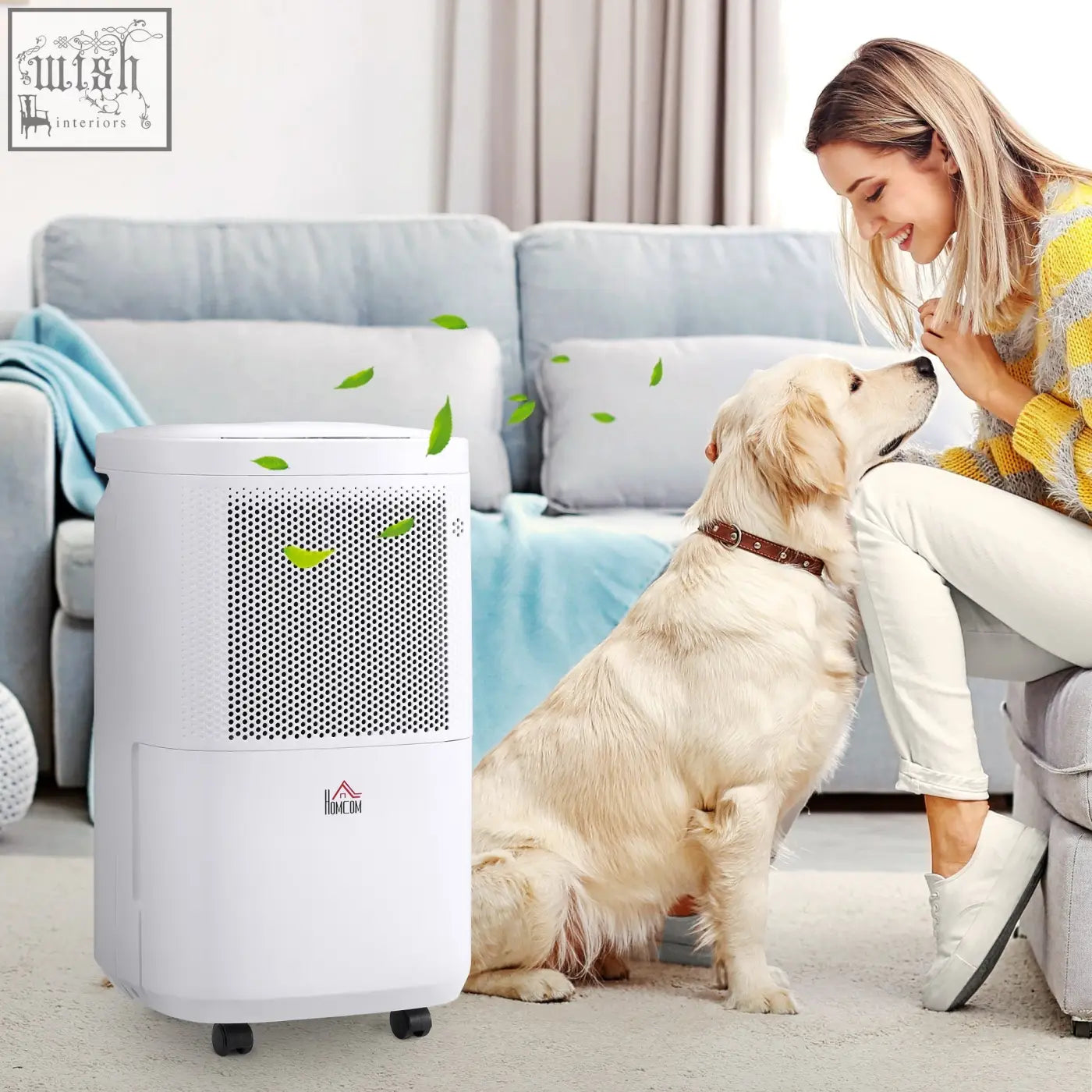 White plastic homcom 10l day dehumidifier with black perforated front panel and water tank for home use