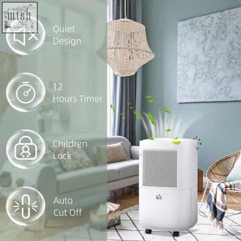 White homcom 10l day portable dehumidifier with perforated front panel water tank and black caster wheels