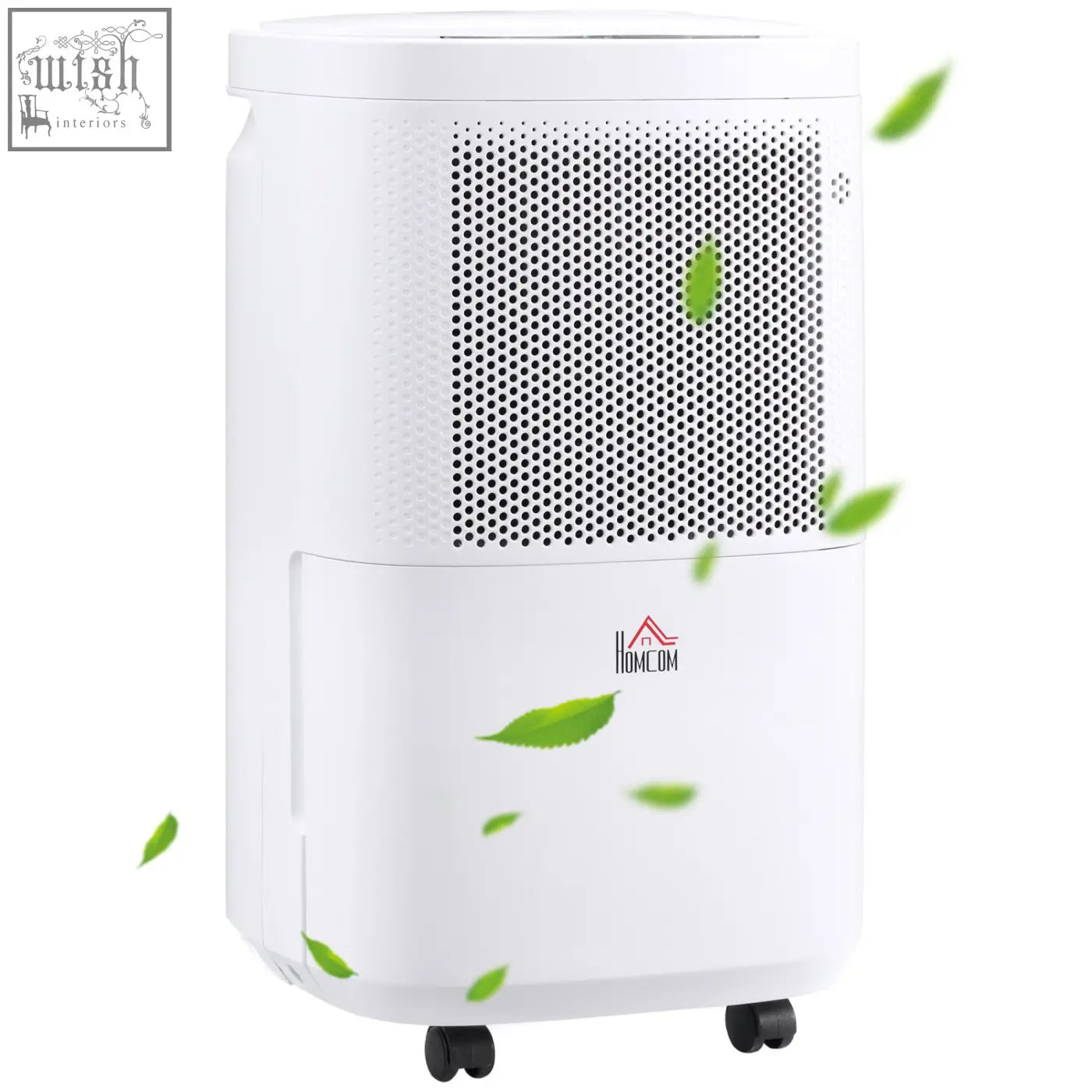 White plastic homcom 10l day dehumidifier with perforated front panel water tank and black caster wheels