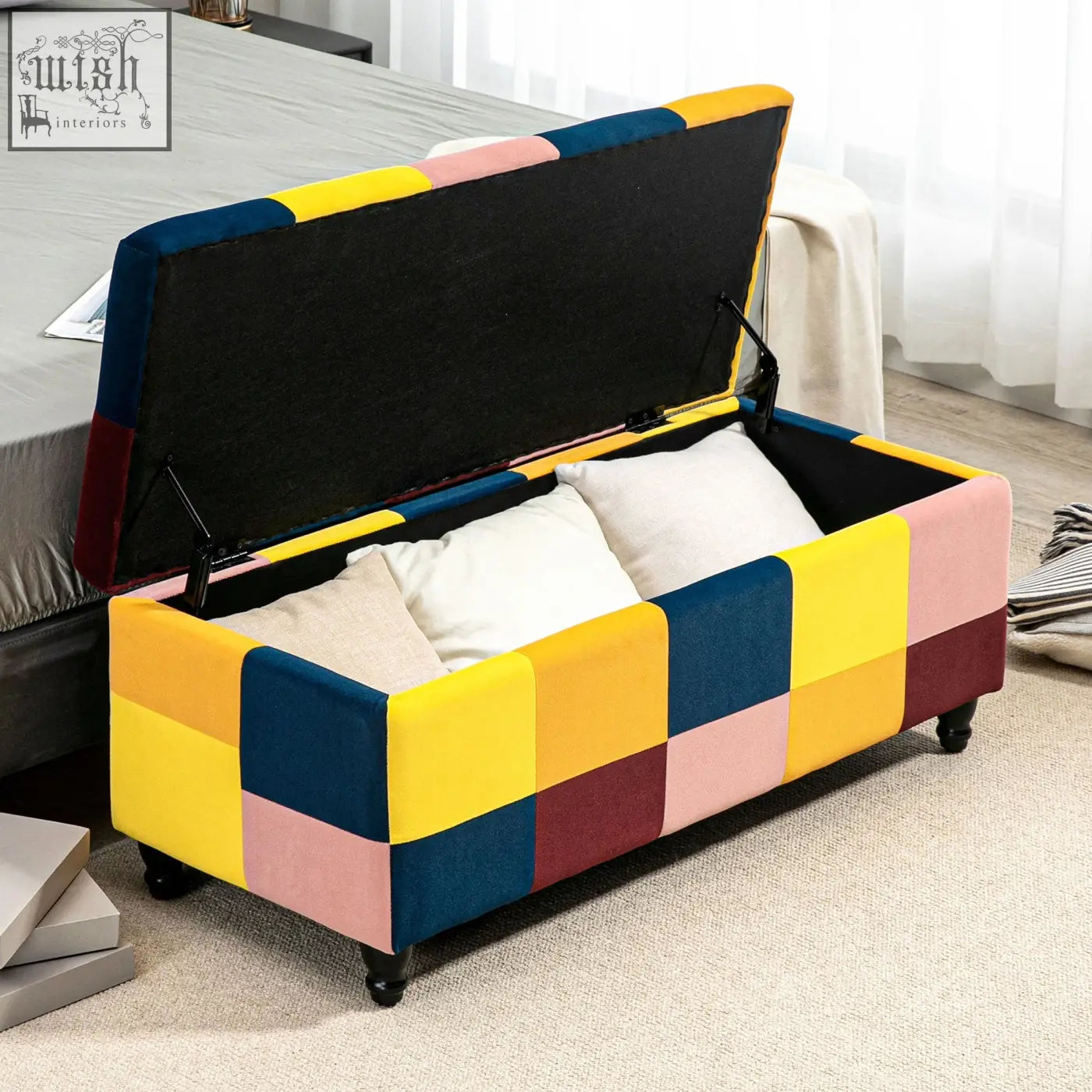 Homcom velvet storage ottoman with colour block patchwork in yellow navy blue pink and maroon velvet fabric panels