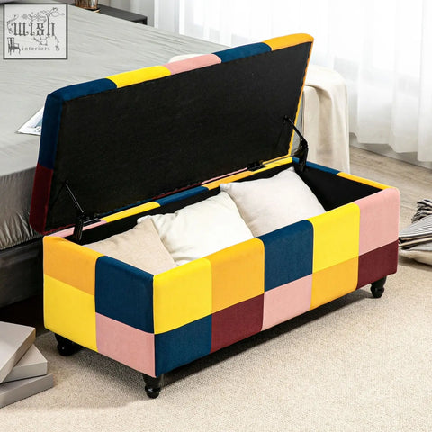 Homcom velvet storage ottoman with colour block patchwork in yellow navy blue pink and maroon velvet fabric panels