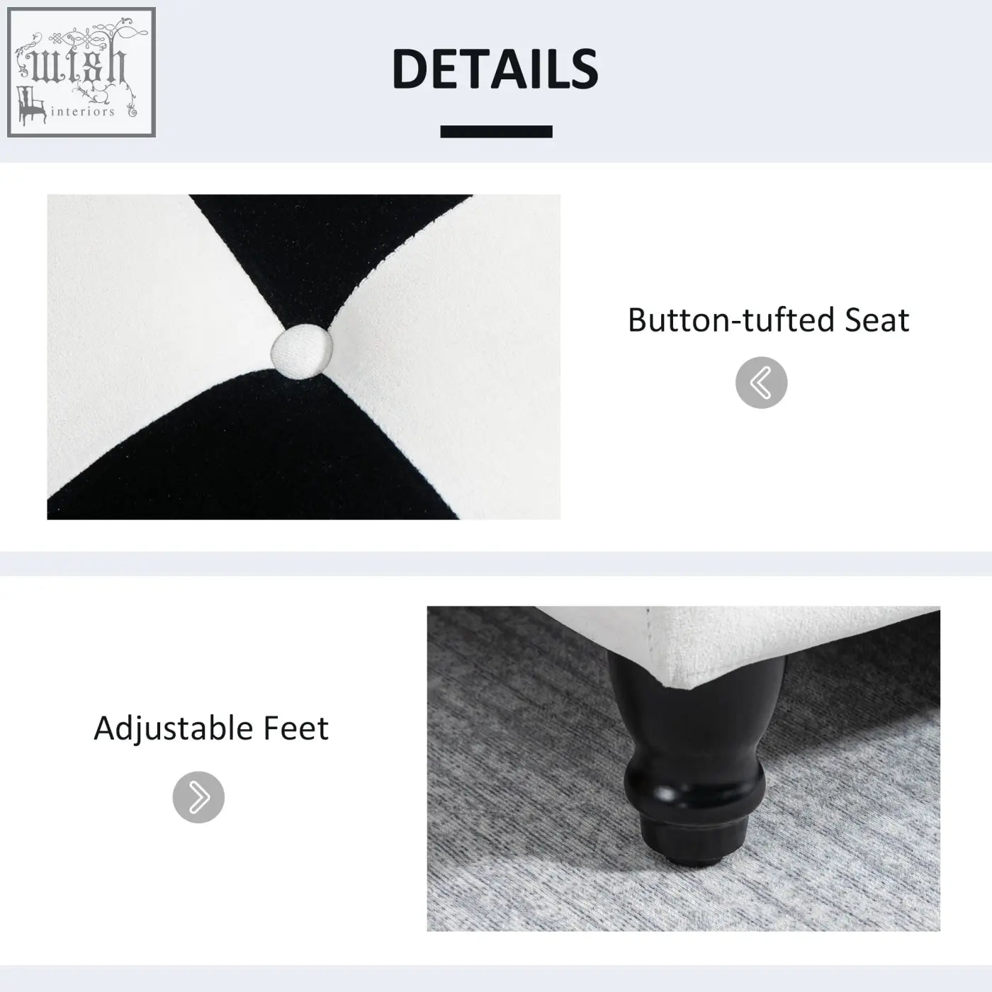 Homcom colour block storage ottoman with white and black velvet upholstery wooden legs and button tufted design