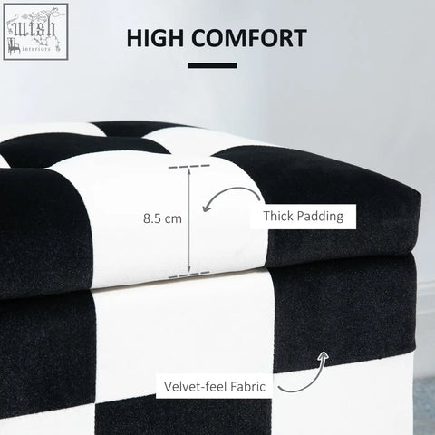 Black and white colour block storage ottoman with velvet feel fabric thick padding and wooden legs for living room