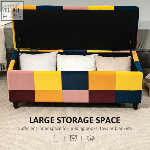 Color block velvet storage ottoman with button tufting black interior wooden legs perfect for living room storage