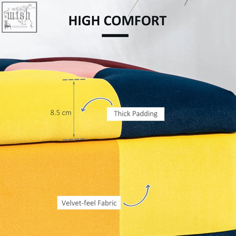 Homcom velvet storage ottoman with button tufted lid in vibrant colour block yellow and navy blue for living room use