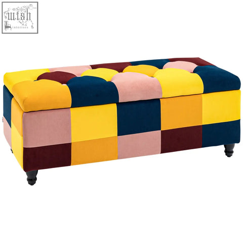 HOMCOM colourful patchwork velvet storage ottoman with button tufted cushions for living room or bedroom use
