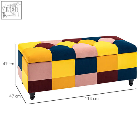 Color block velvet storage ottoman with button tufted top and dark wooden legs perfect as a 105cm storage bench