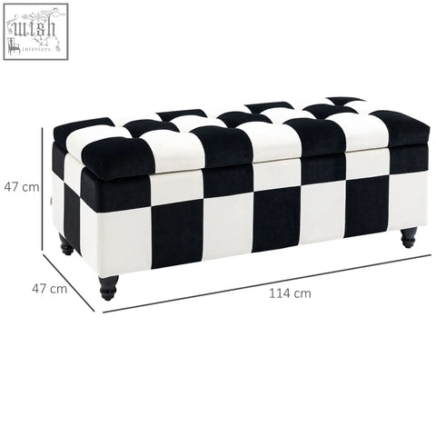 Black and white colour block velvet storage ottoman with button-tufted top and wooden legs for living room or bedroom