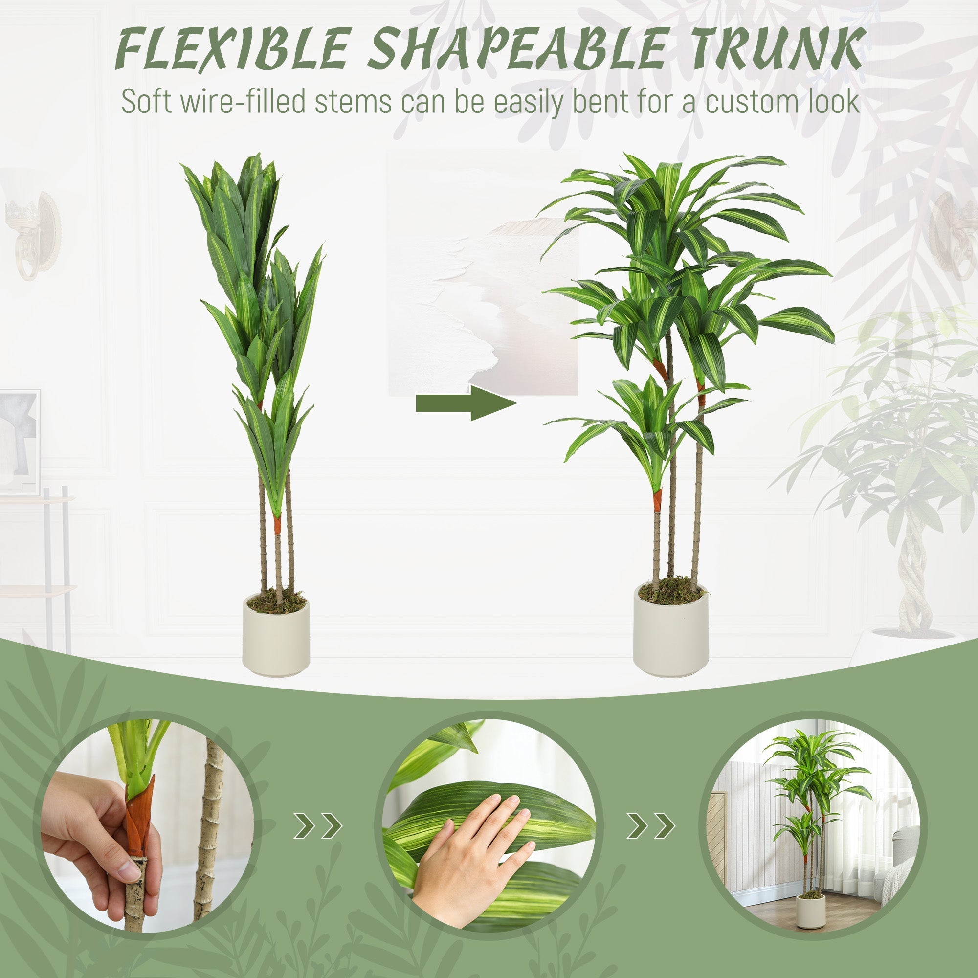 Green artificial dracaena tree with flexible brown stems and leaves in a white pot by HOMCOM 120cm tall