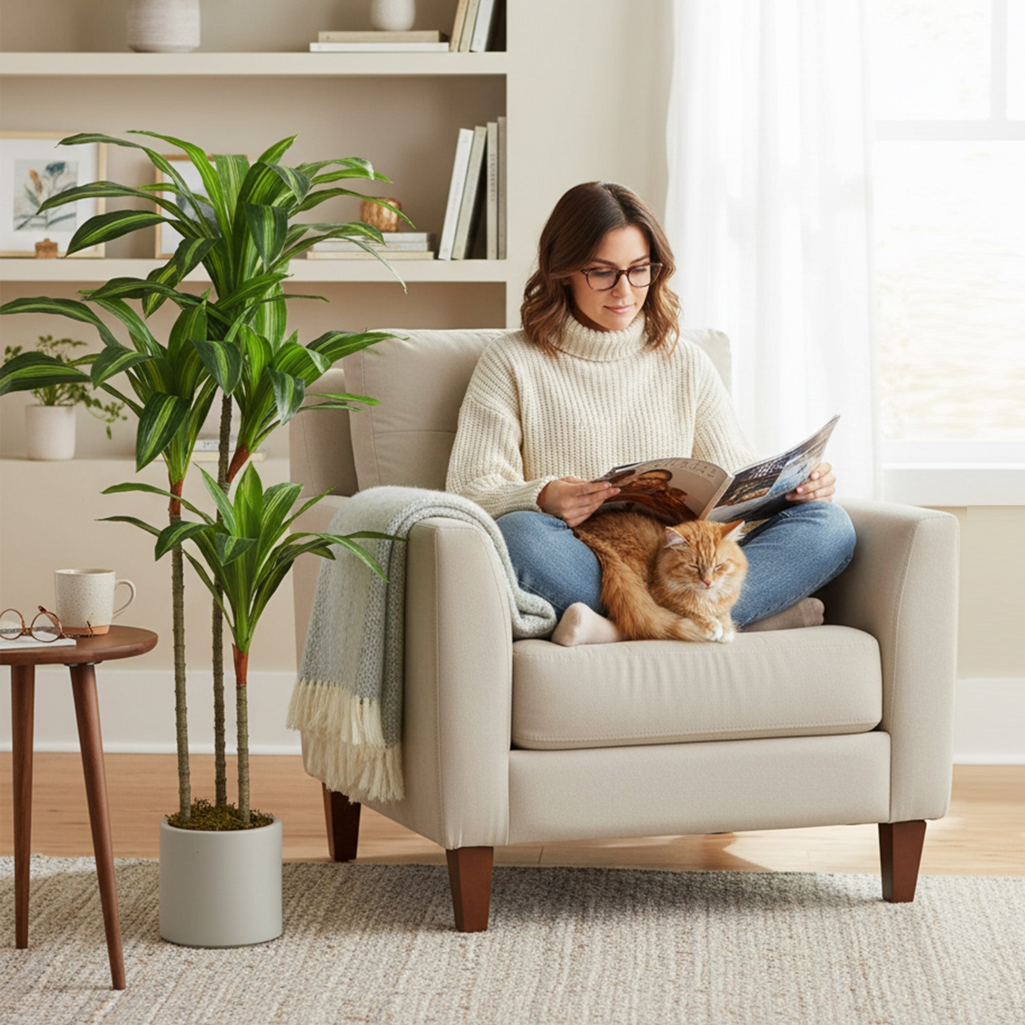 Cream armchair with wooden legs and cozy throw next to homcom 120cm artificial dracaena tree with bendable trunks