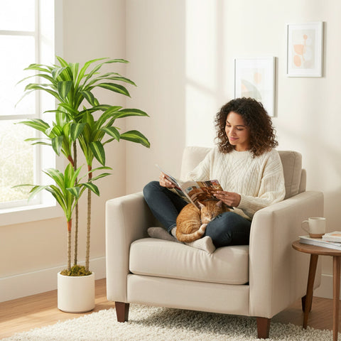Tall green leafy artificial dracaena tree with bendable trunks in a white cylindrical pot by HOMCOM