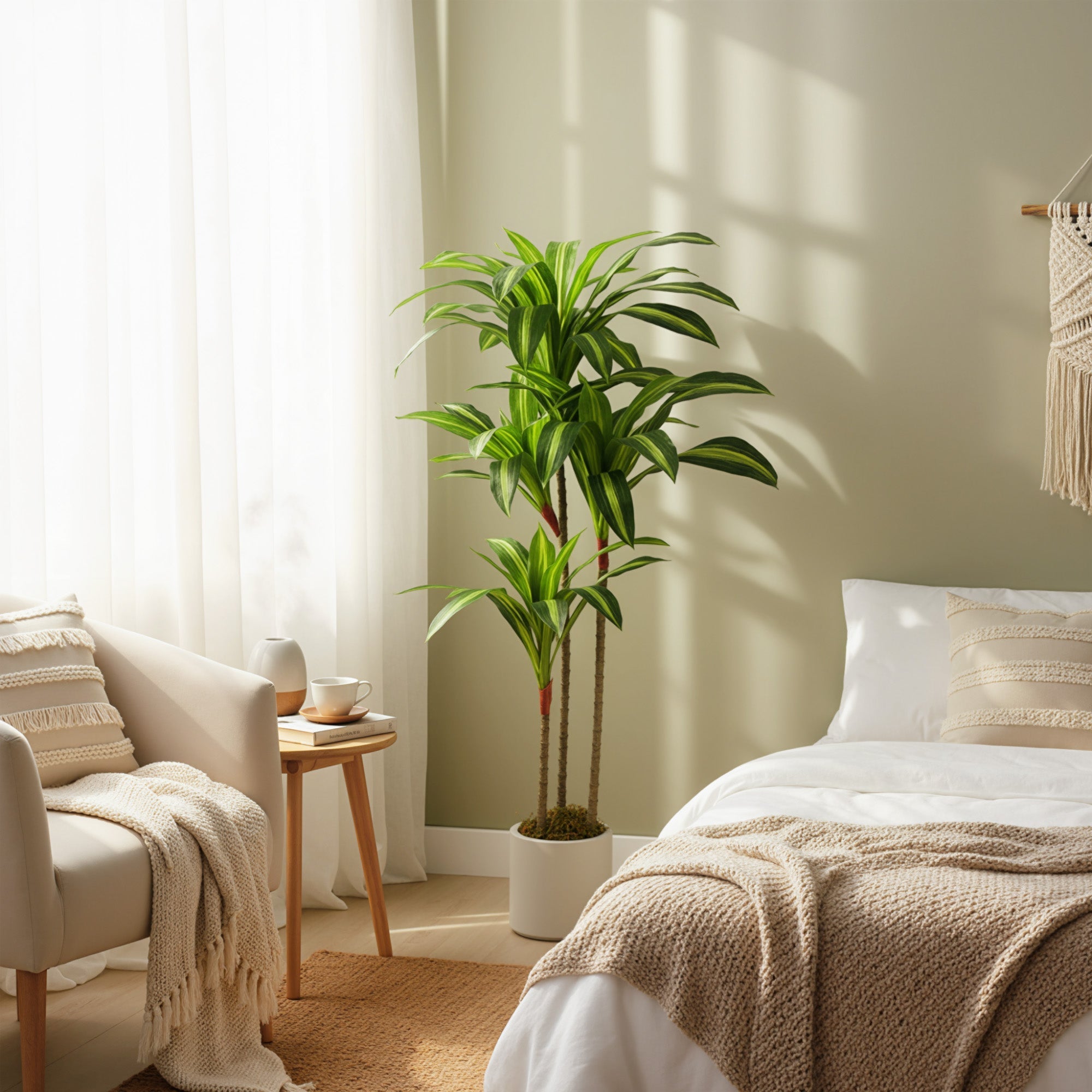 Tall green artificial dracaena tree with bendable trunks in white ceramic pot from homcom 120cm model